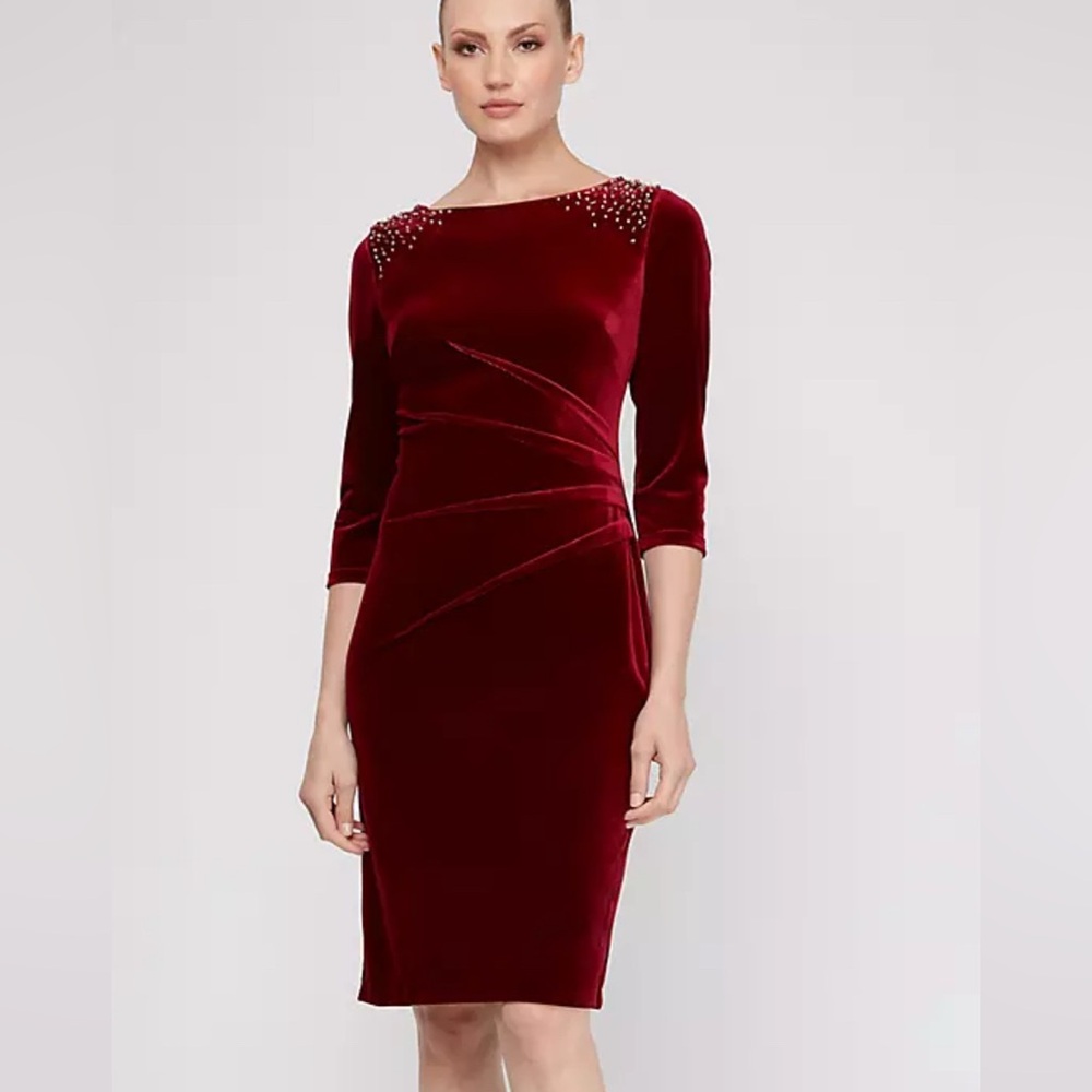 SLNY Deep Red Burgundy Dress with Rhinestone Embellishments